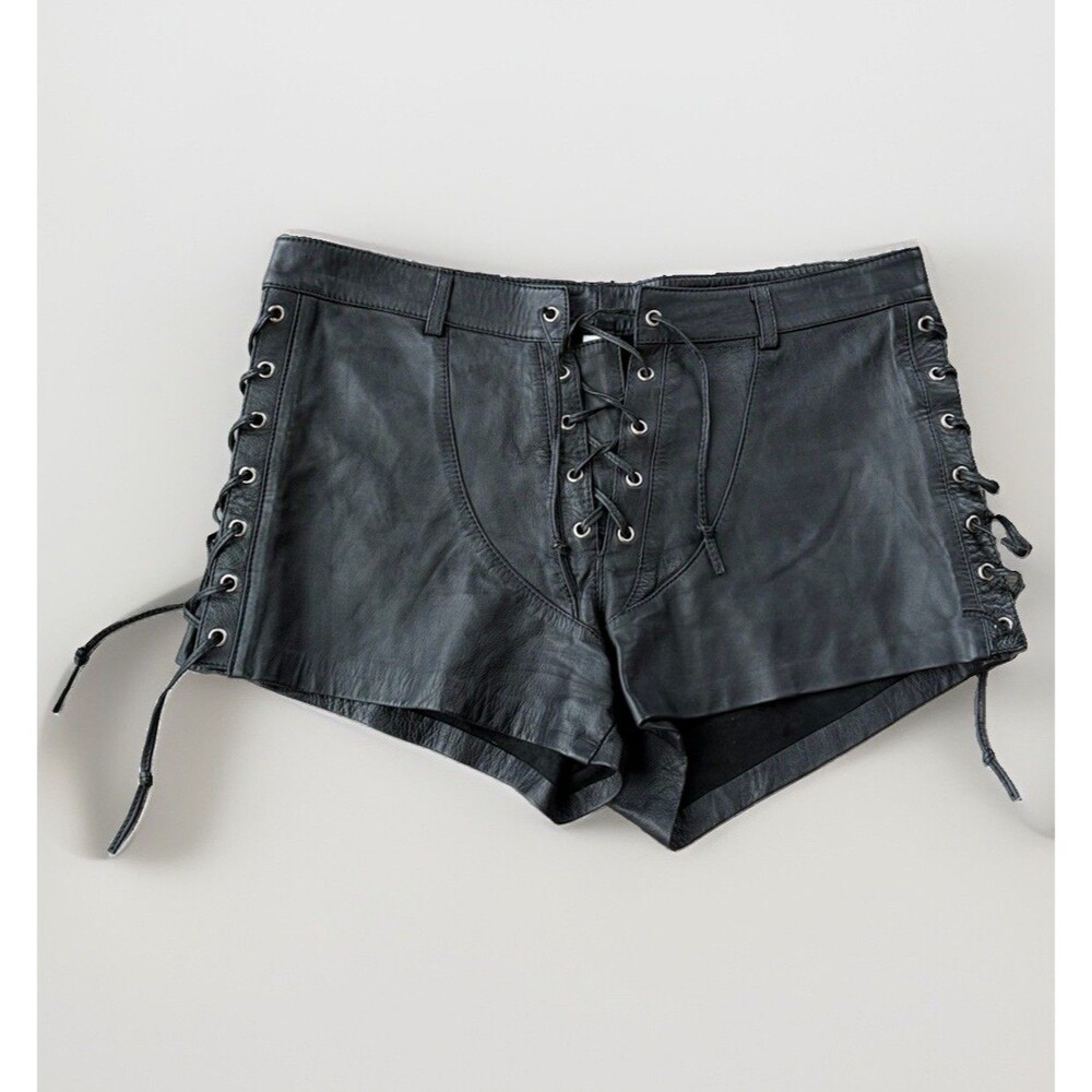 Rat & Boa Soda Black Leather Lace Up Side Tie Mini Shorts Festival Boho Size M